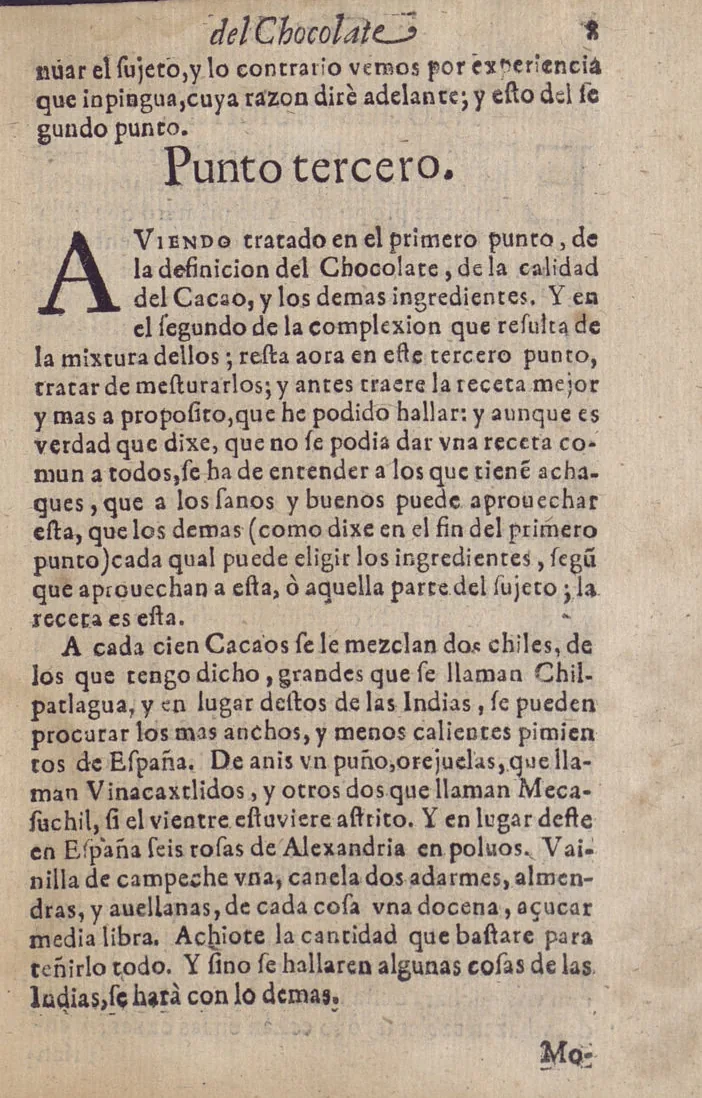 Folio 8 recto du Curioso tratado de Colmenero de Ledesma, Madrid 1631, exemplaire BNE U/5396, avec le Punto tercero et la ligne Vainilla de campeche vna.