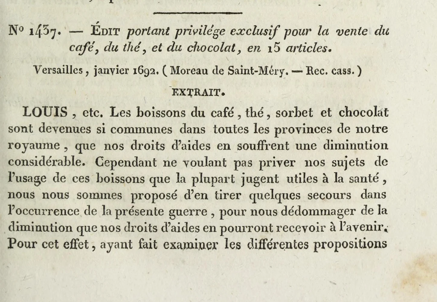 Page 149 du Recueil general des anciennes lois francaises, edit de janvier 1692 ouvrant sur le nom du Roi.