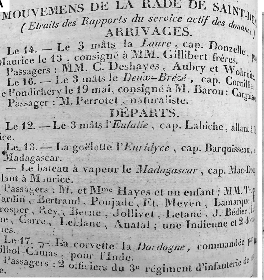 Mouvements de la rade de Saint-Denis dans la Feuille Hebdomadaire de 1839, la liste des arrivages porte le nom de M. Perrottet, naturaliste.
