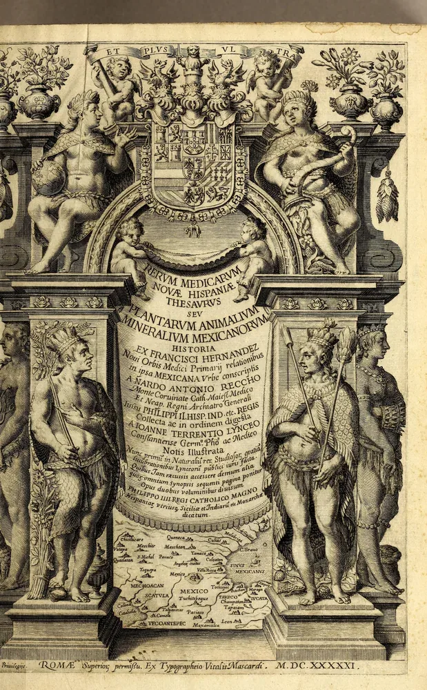 Frontispice grave de l'edition romaine de 1651 de Hernandez, avec cariatides a coiffe de plumes et carte de la Nouvelle-Espagne.