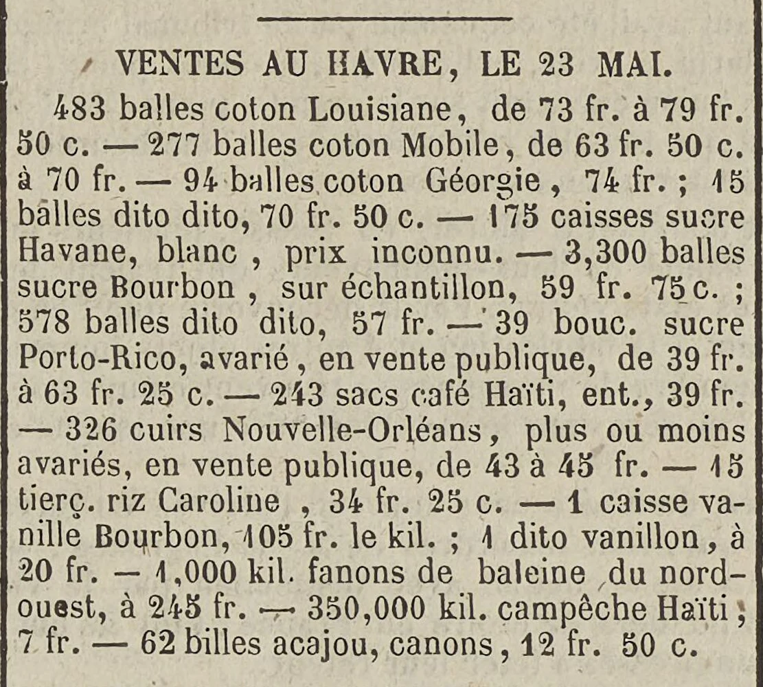 Colonne Ventes au Havre du journal L Indicateur du 26 mai 1846, avec les lignes sucre Bourbon et vanille Bourbon.