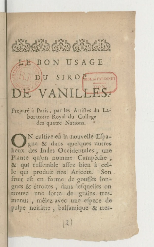 Page de titre du Bon usage du sirop de vanilles, imprime a Paris entre 1687 et 1700.