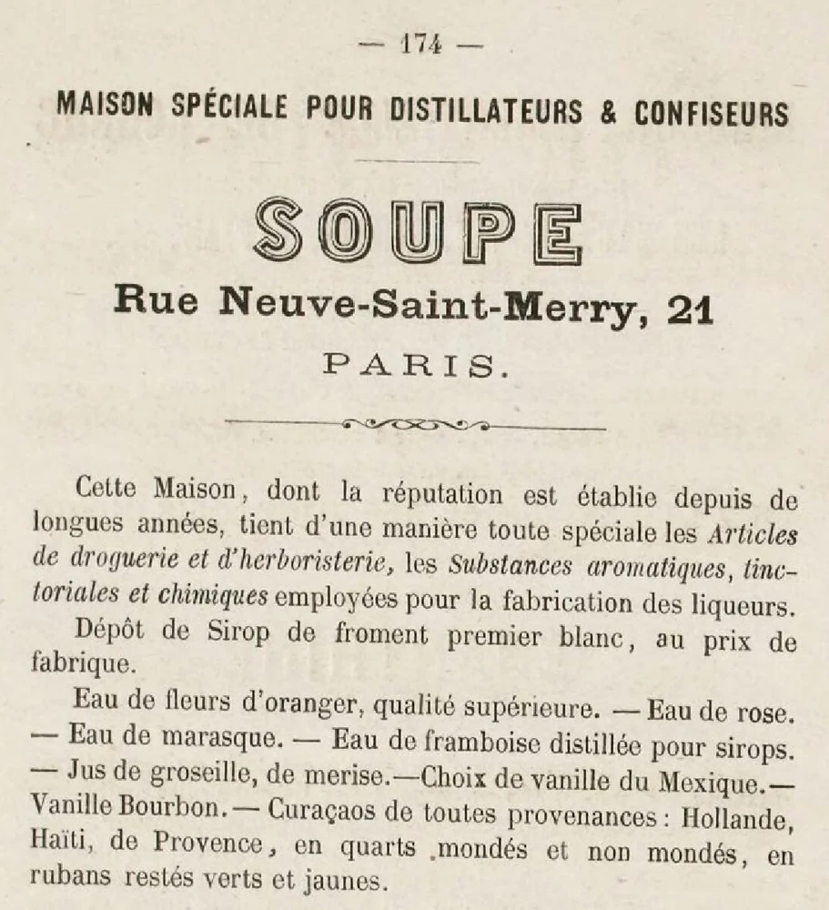 Reclame de la maison Soupe, rue Neuve-Saint-Merry a Paris, page 174 du traite de Lunel de 1871.