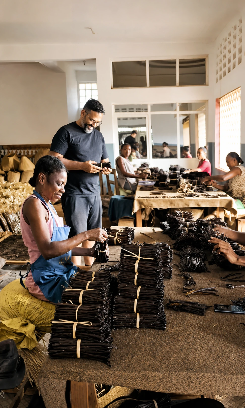 Yassine dans l'atelier de préparation, regardant les gousses de vanille